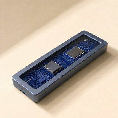 Glowvault – Open enclosure showing blue circuit board with two chips inside a gray frame