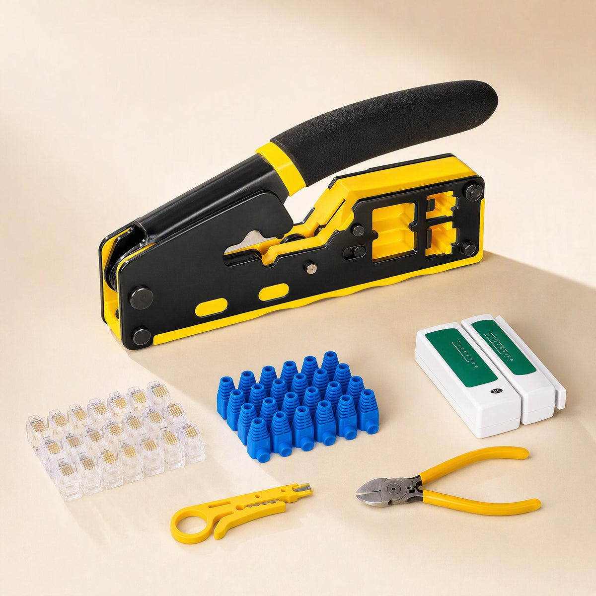 Twinline Network Cable Pliers in black and yellow with tester, RJ45 connectors, blue boots, cutters and stripper
