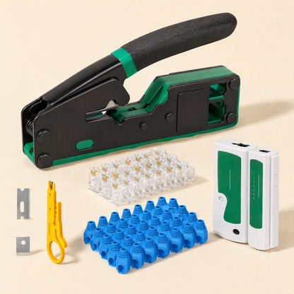 Twinline – Green and black crimping pliers with RJ45 connectors, blue boots, cable tester, stripper and spare blades
