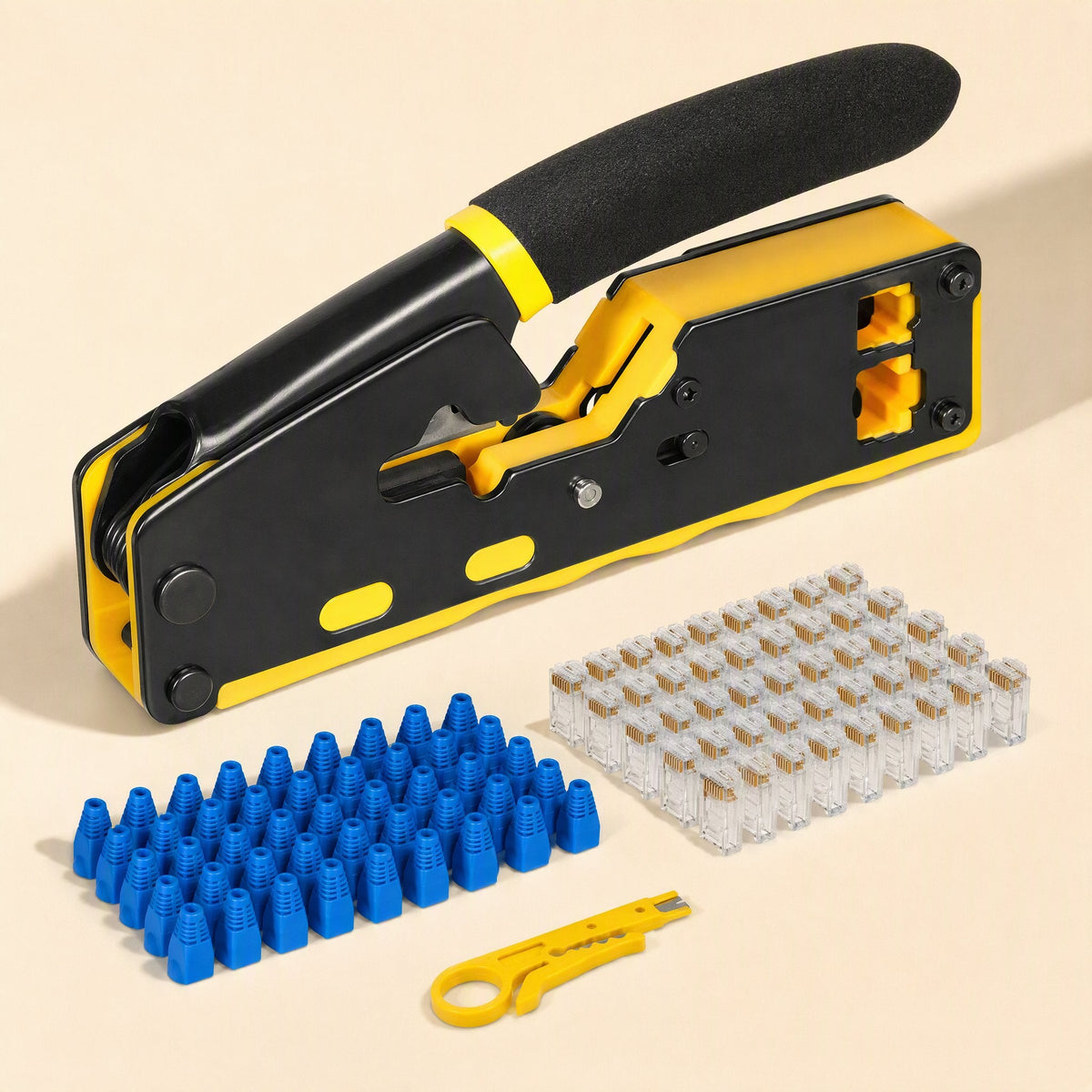 Twinline – Black and yellow crimper with blue strain relief boots, clear RJ45 connectors and a yellow wire stripper