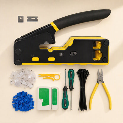 Twinline – Flat lay of the pliers with spare blades, connectors, tester, screwdrivers, cable ties and side cutters