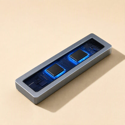 Chillscope – Open enclosure showing two black chips with blue glow on the circuit board inside a gray frame