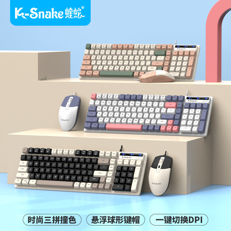 Typeflow Wired USB Keyboard and Mouse Set in three colourways on stepped beige platforms against a blue wall