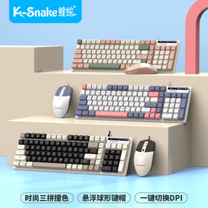 Typeflow Wired USB Keyboard and Mouse Set in three colourways on stepped beige platforms against a blue wall