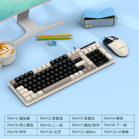 Typeflow – Black and cream keyboard with matching mouse on a desk beside a coffee cup, with Fn shortcut key chart below