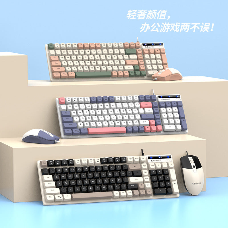 Typeflow – Three keyboard and mouse sets in green-peach, purple-pink and black-cream stacked on tiered steps