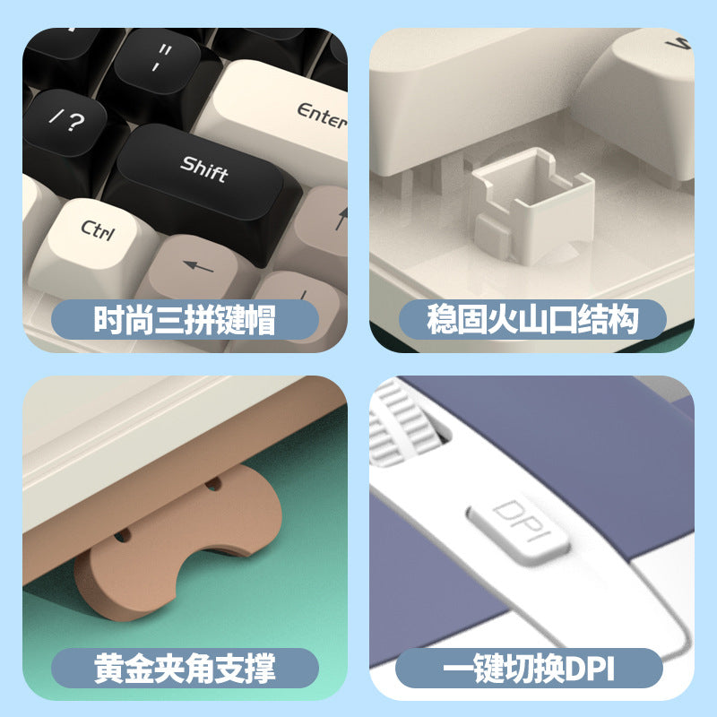 Typeflow – Four close-up details: tri-colour keycaps, key switch socket, angled keyboard foot and mouse DPI button