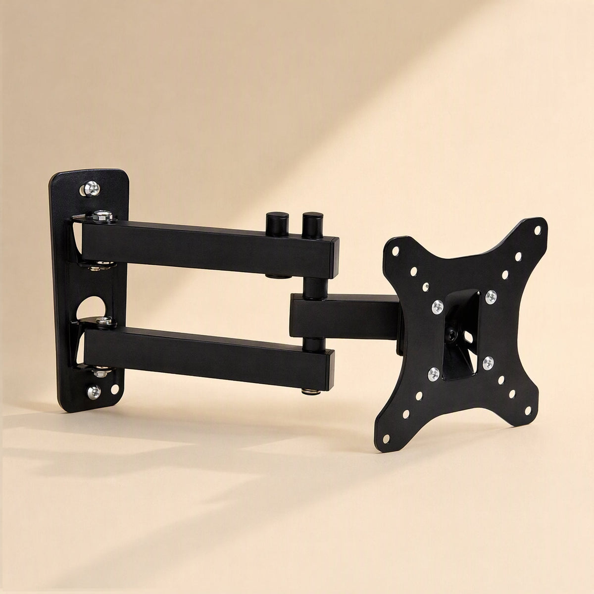 Reachmount – Black articulating monitor wall mount with a VESA plate and two folding arms, angled side view