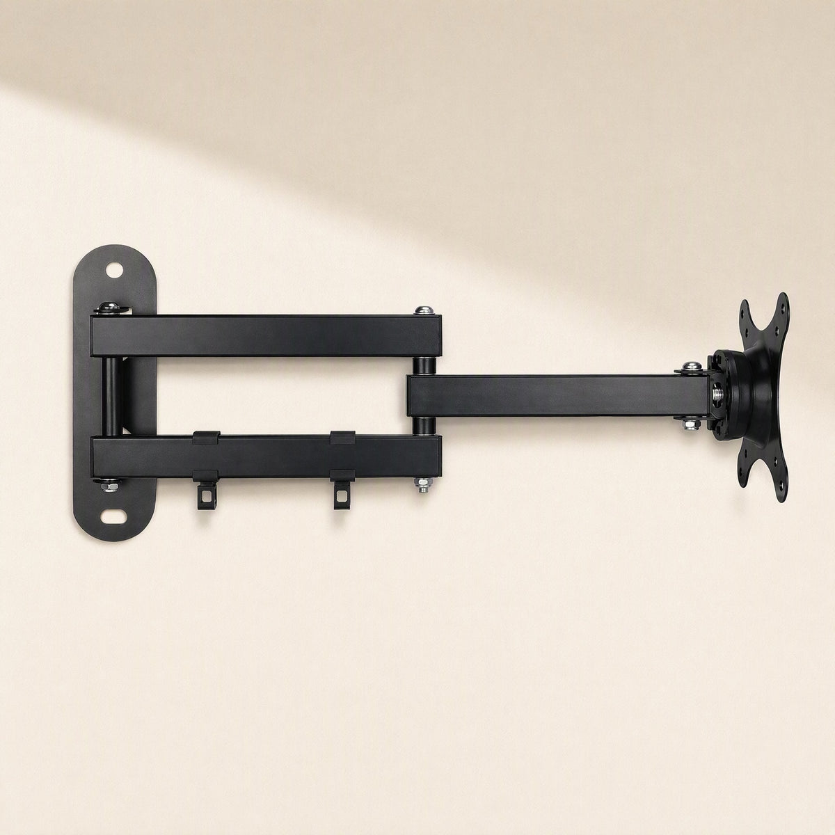 Reachmount – Side view of the black wall mount arms extended straight out from the wall plate on a cream background