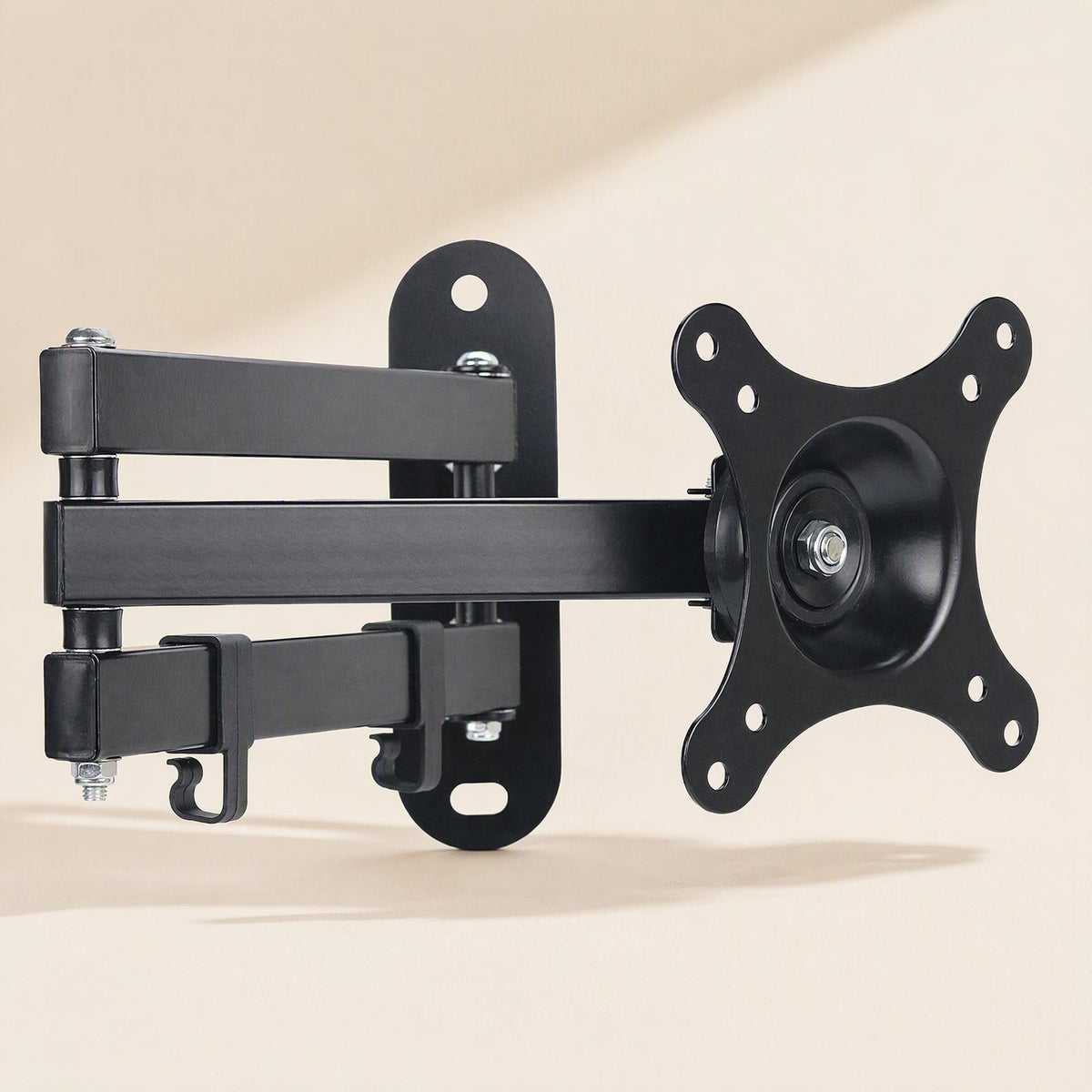 Reachmount – Close-up of the black swivel arm, wall plate and round VESA mounting plate with a center bolt