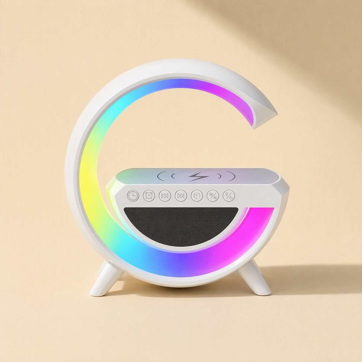 Lightbeat Bluetooth Speaker With Light, white G-shaped lamp with rainbow glow, front view on beige