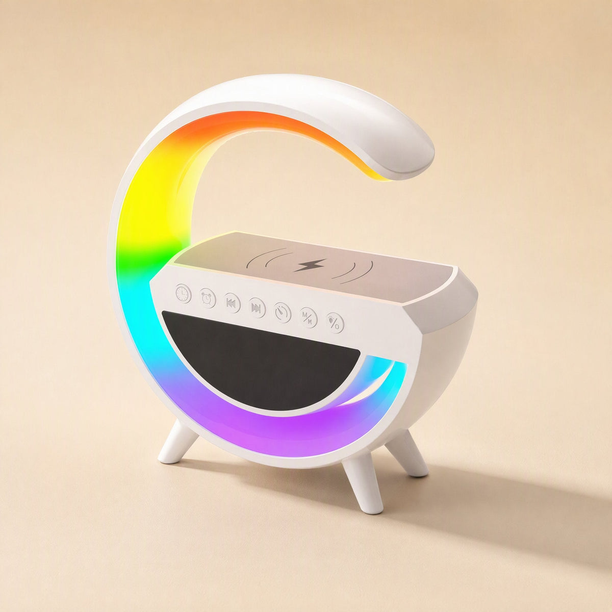 Lightbeat – White G-shaped speaker lamp with rainbow light ring, angled view showing wireless charging pad on top