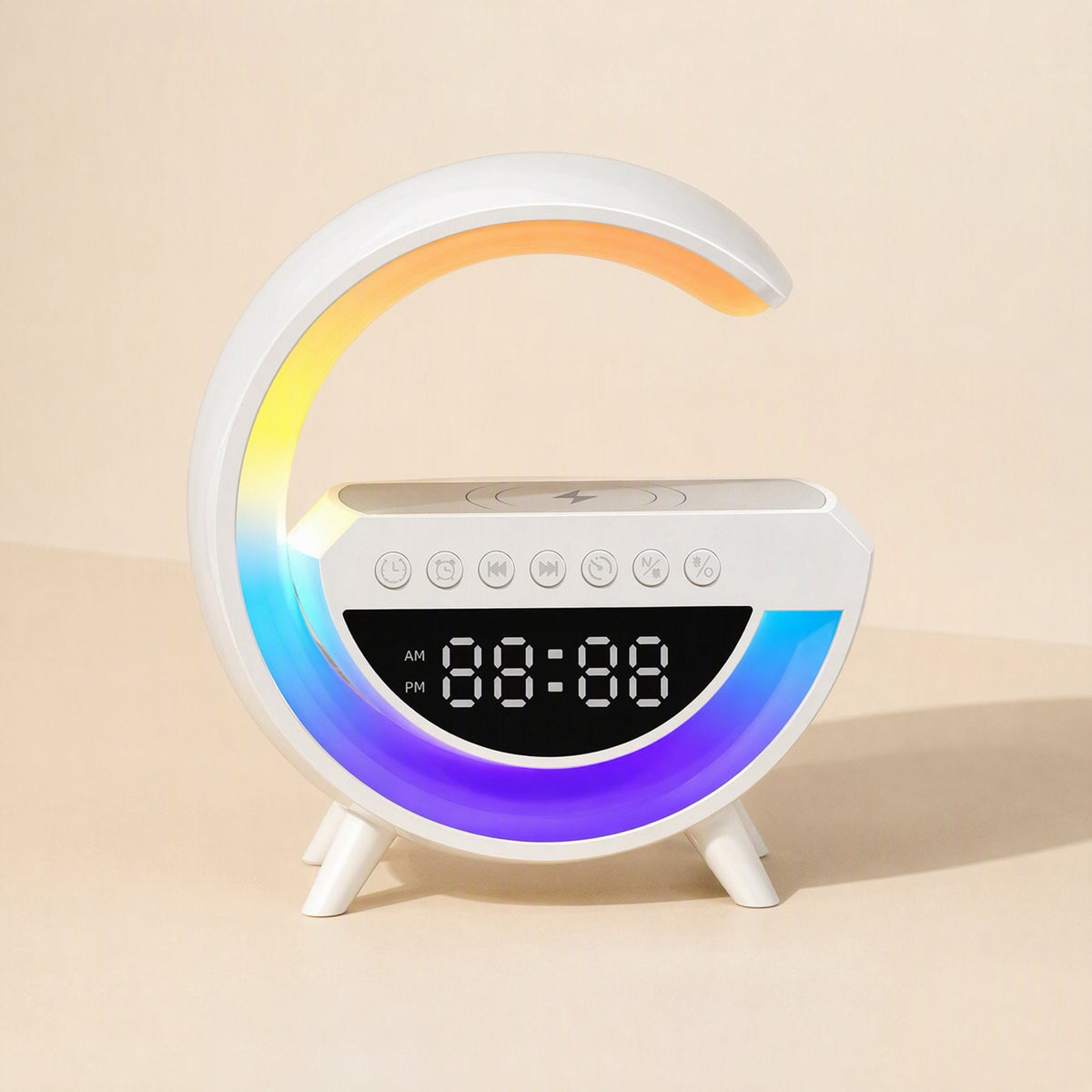 Lightbeat – Front view of the glowing G-shaped speaker with digital clock display showing 88:88 in white