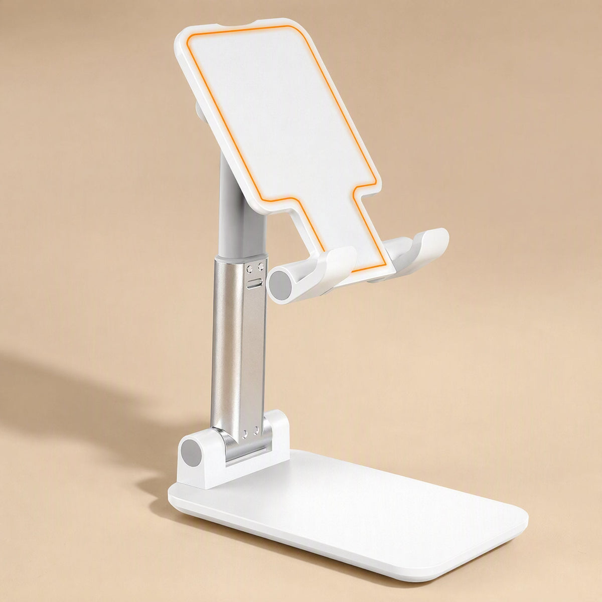 Deskfold – White adjustable stand with silver telescoping arm and orange outline highlighting the grey cradle surface