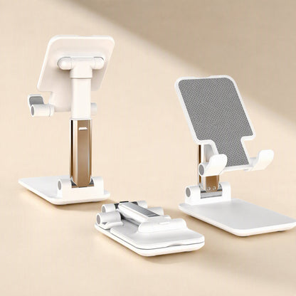 Deskfold – Back and front views of the white stand with its folded base beside it, silver and gold arm visible