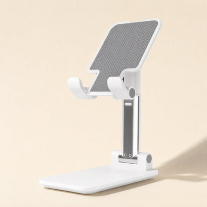 Deskfold – Front view of the white stand with grey textured cradle, silver arm and wide flat base on a cream background