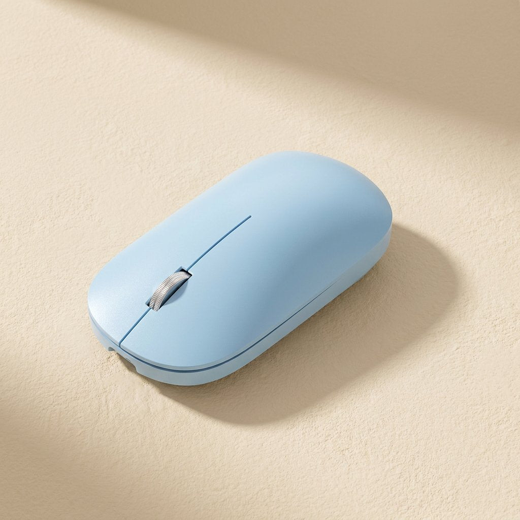 Slimclick – Light blue slim wireless mouse with a silver scroll wheel, angled view on a sandy beige surface