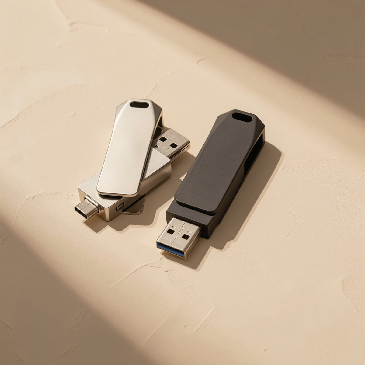 Typeflash – Silver and black swivel flash drives side by side, one with USB-C end out, one with USB-A, in angled light