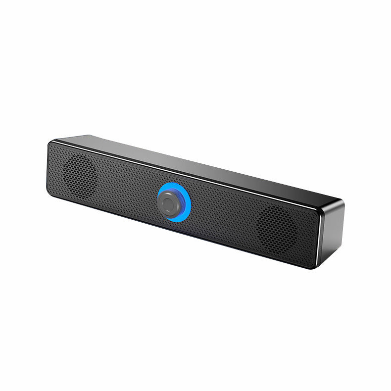 Duokast Dual Speaker Stereo Desktop System, black soundbar with glowing blue ring knob, angled view