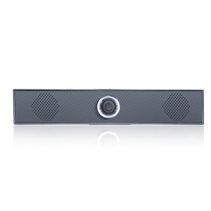 Duokast – Front view of the gray soundbar speaker with reflection, two perforated grilles and a round center knob