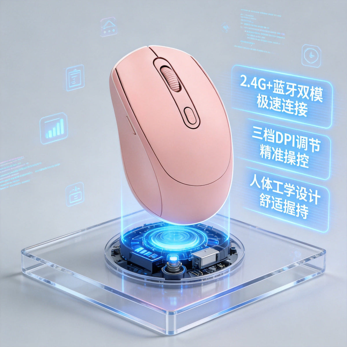 Mouselence Wireless Mute Office Mouse in pink floating above a glowing circuit platform with feature callouts