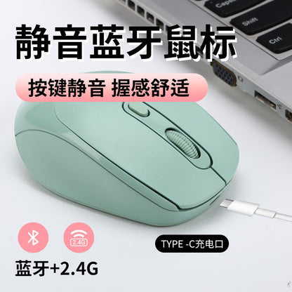 Mouselence – Mint green wireless mouse beside a laptop with a USB-C charging cable plugged in and Bluetooth and 2.4G icons