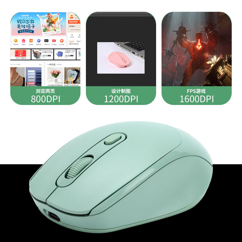 Mouselence – Mint green mouse in side view with a USB-C port, above three DPI levels for browsing, design and FPS games