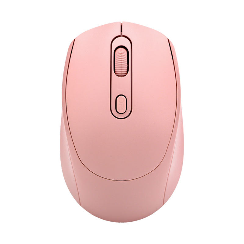 Mouselence – Top-down view of a pink wireless mouse with scroll wheel and button on a plain white background