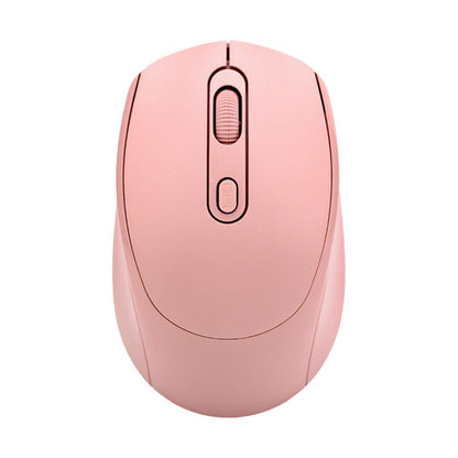 Mouselence – Top-down view of a pink wireless mouse with scroll wheel and button on a plain white background