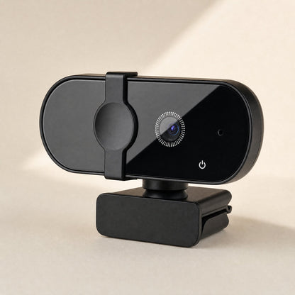 Soundglance – Webcam angled three-quarter view showing glossy black face, lens ring, power icon, and clip-style stand base