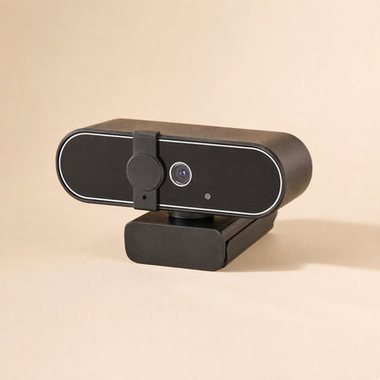 Soundglance – Side-angle view of black webcam with white-trimmed front panel, privacy cover, and microphone pinhole on left