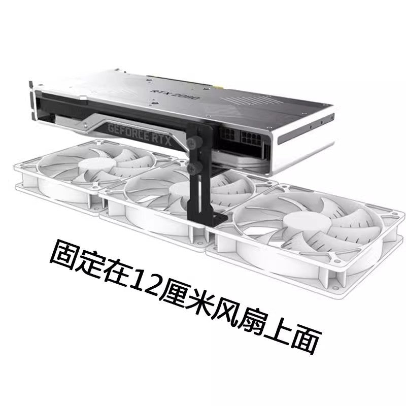 Anglelift – Bracket holding up a GeForce RTX graphics card, mounted on three white 12 cm case fans