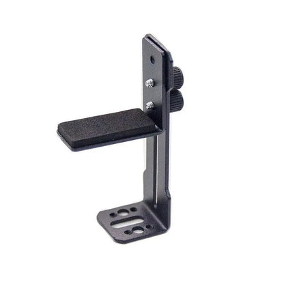 Anglelift – Black L-shaped metal bracket with foam support pad, two thumb screws and slotted base, front angle