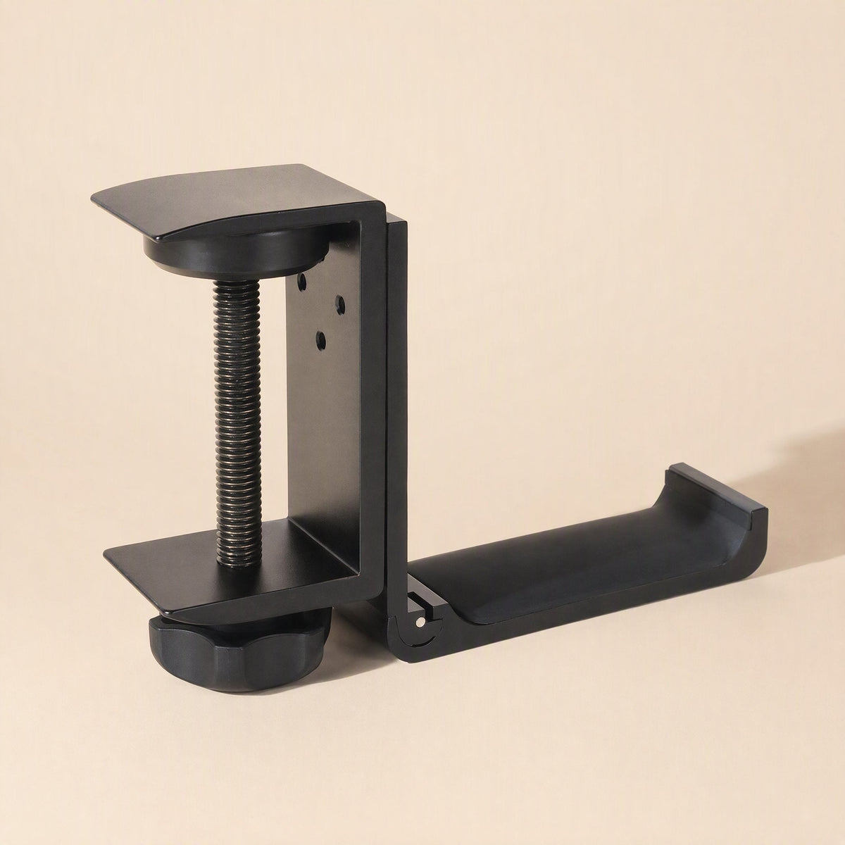 Alloyperch Aluminum Alloy Headphone Stand in black, front view with clamp screw and flat cradle arm