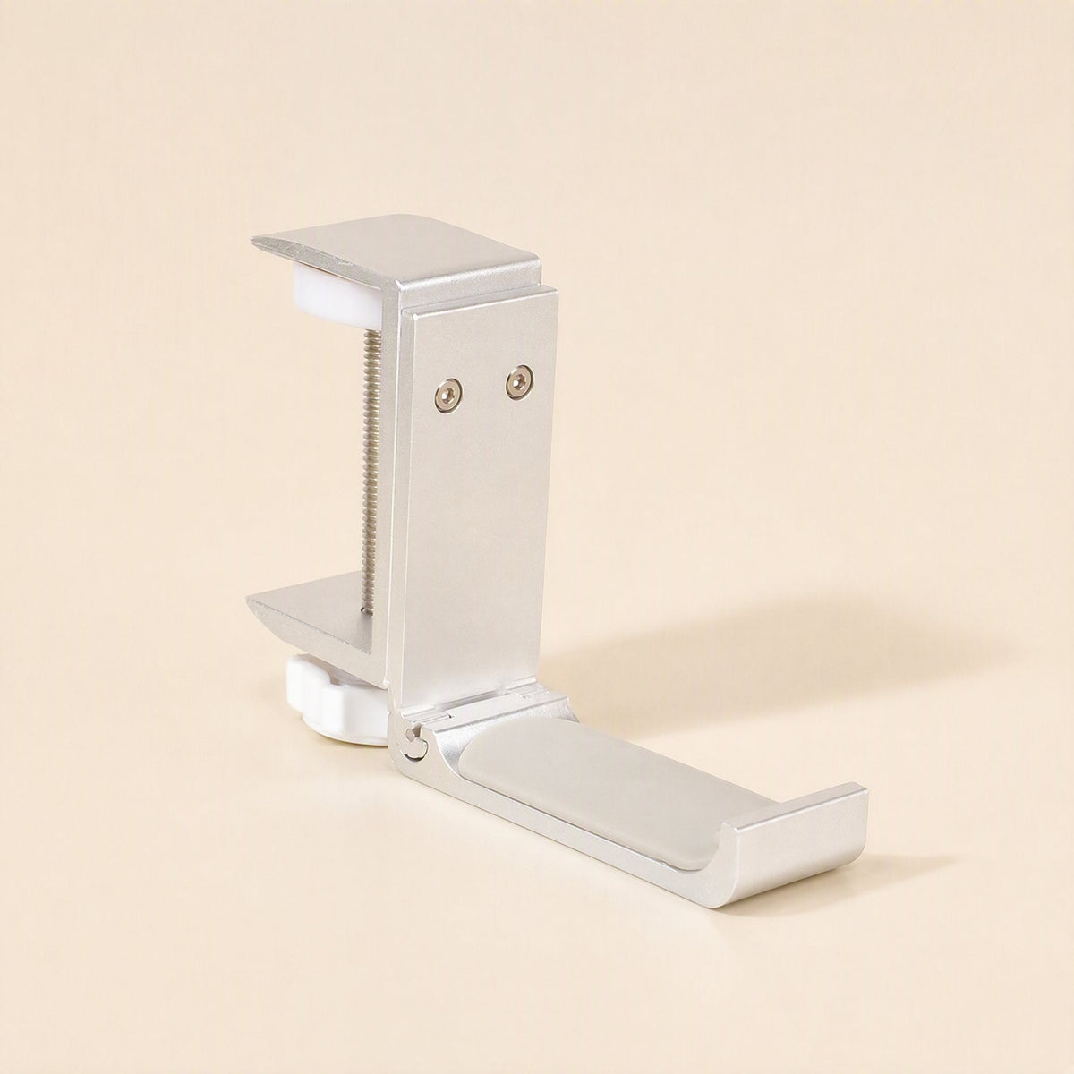 Alloyperch – Silver aluminum headphone stand with clamp and white knob, shown from the front on a cream background