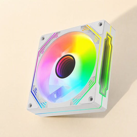 Alloybreeze Aluminum Computer Cooling Fan – white 120 mm fan angled to show its rainbow RGB glow and lit edge strip