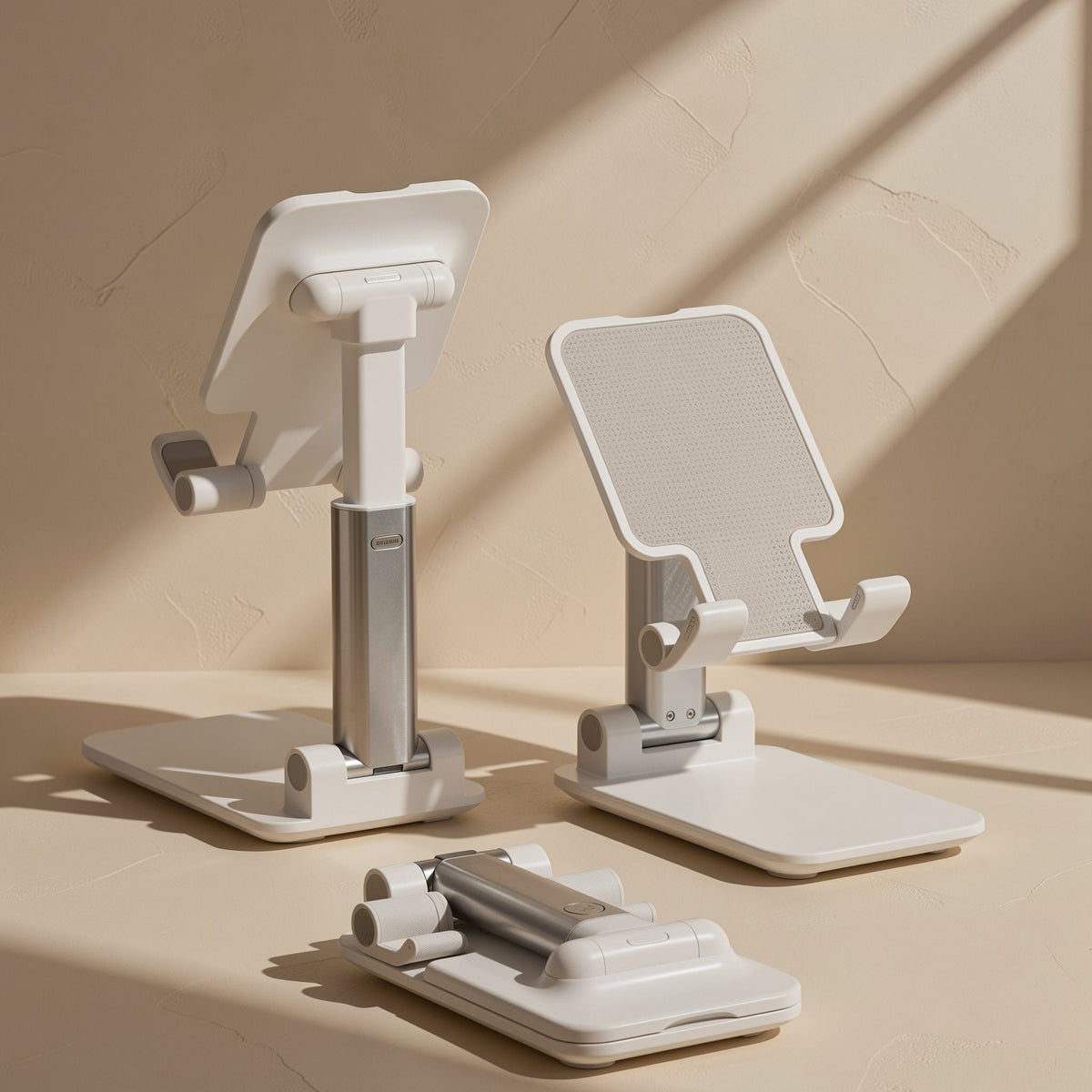 Foldprop ABS Foldable Phone Stand in white shown extended, upright and folded flat on a beige surface