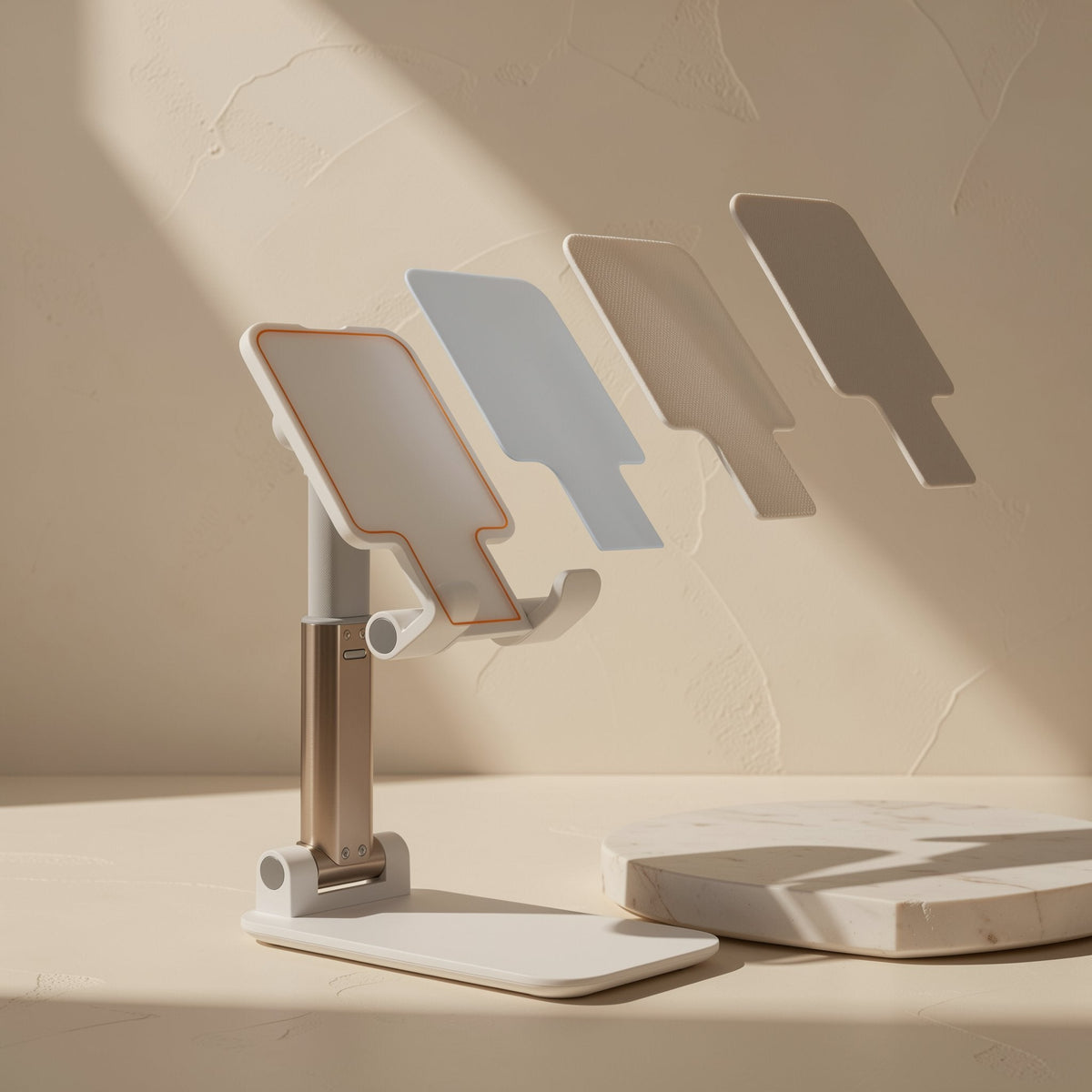 Foldprop – White foldable phone stand with an extendable arm and four tilt angles shown as ghosted panels beside a marble