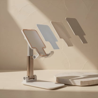 Foldprop – White foldable phone stand with an extendable arm and four tilt angles shown as ghosted panels beside a marble