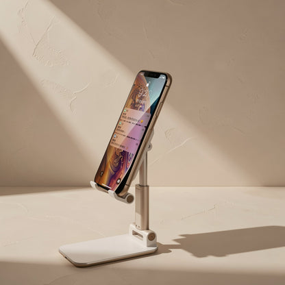 Foldprop – White desktop phone stand with an extended metal arm holding a phone in portrait with notifications on screen
