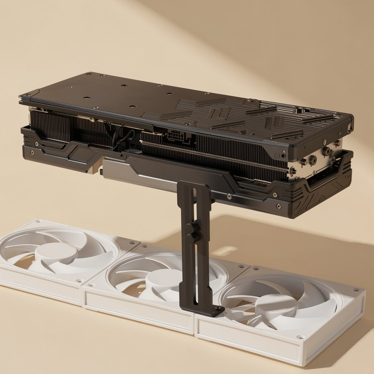 Anglehold – Black graphics card held up by an L-shaped bracket standing on a row of white case fans