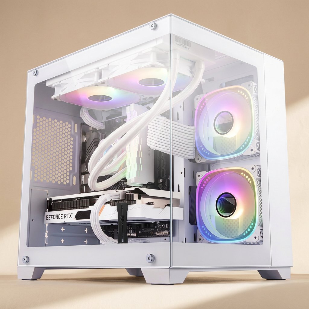 Anglehold – White PC case with glass side panel showing a GeForce RTX card propped by a bracket, RGB fans and tubing