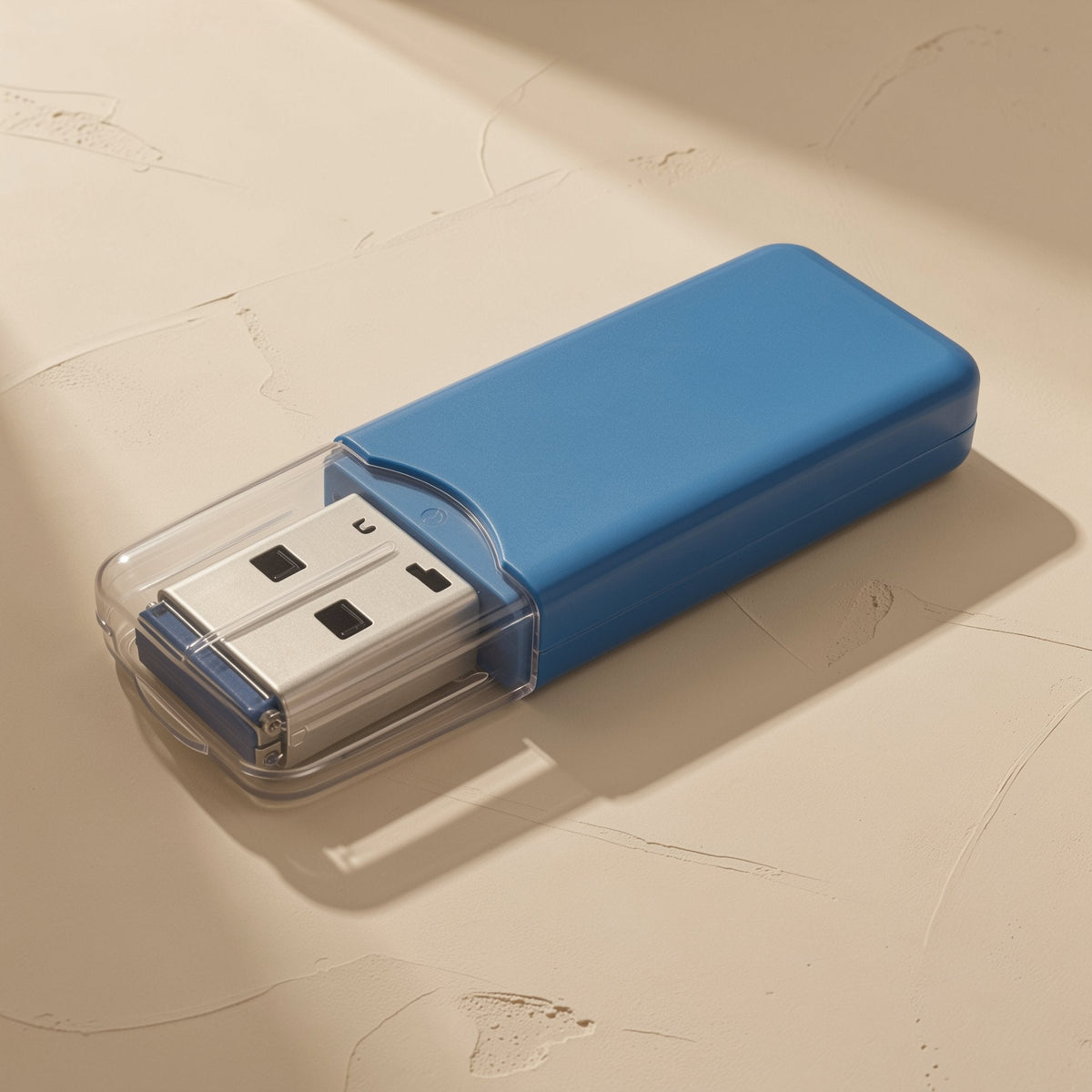 Chipdock USB 2.0 TF Card Reader – blue reader with its transparent cap pulled partly off, showing the metal USB plug