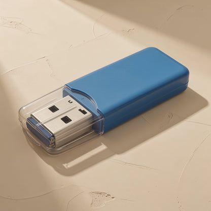 Chipdock USB 2.0 TF Card Reader – blue reader with its transparent cap pulled partly off, showing the metal USB plug