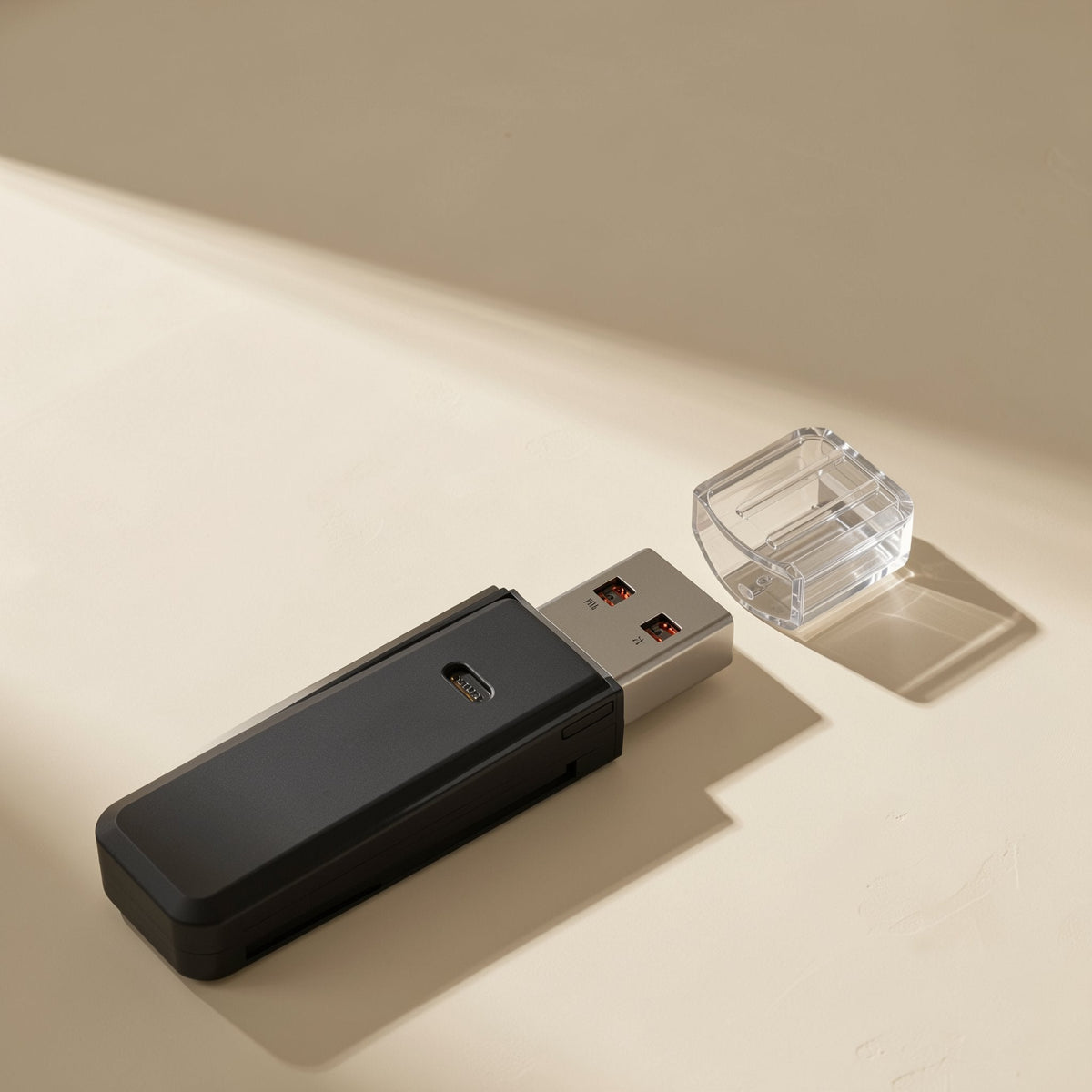 Slotread USB Card Reader in black with its clear cap removed, on a cream surface in sharp shadow