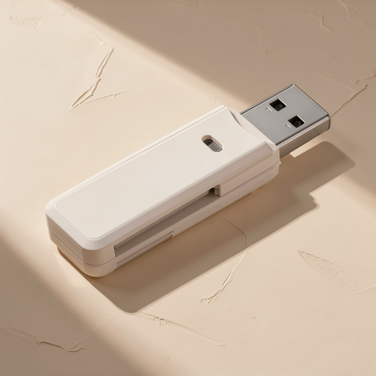 Slotread – White card reader with silver USB connector and card slot, shown at an angle on beige plaster