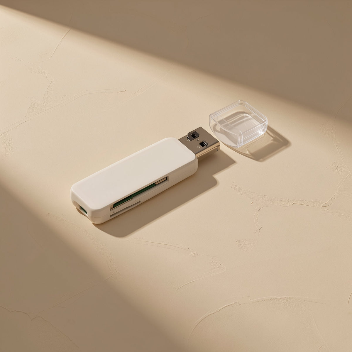 Slotread – White card reader with its clear cap off beside it, green card contacts visible in the slot