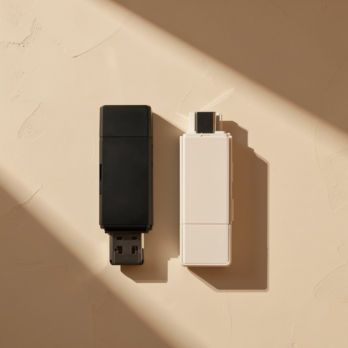 Readlink – Black and white card readers side by side, seen from above, with sunlight casting diagonal shadows