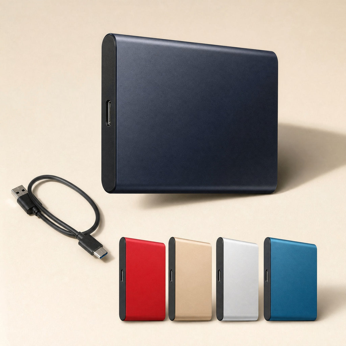 Datapocket Portable Solid State Drive in navy beside a USB-C cable and red, gold, silver and blue versions