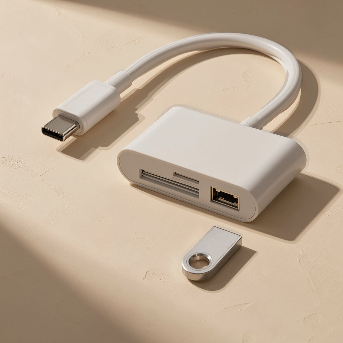 Portmate Type-C SD TF USB card reader adapter in white beside a silver flash drive on a beige surface